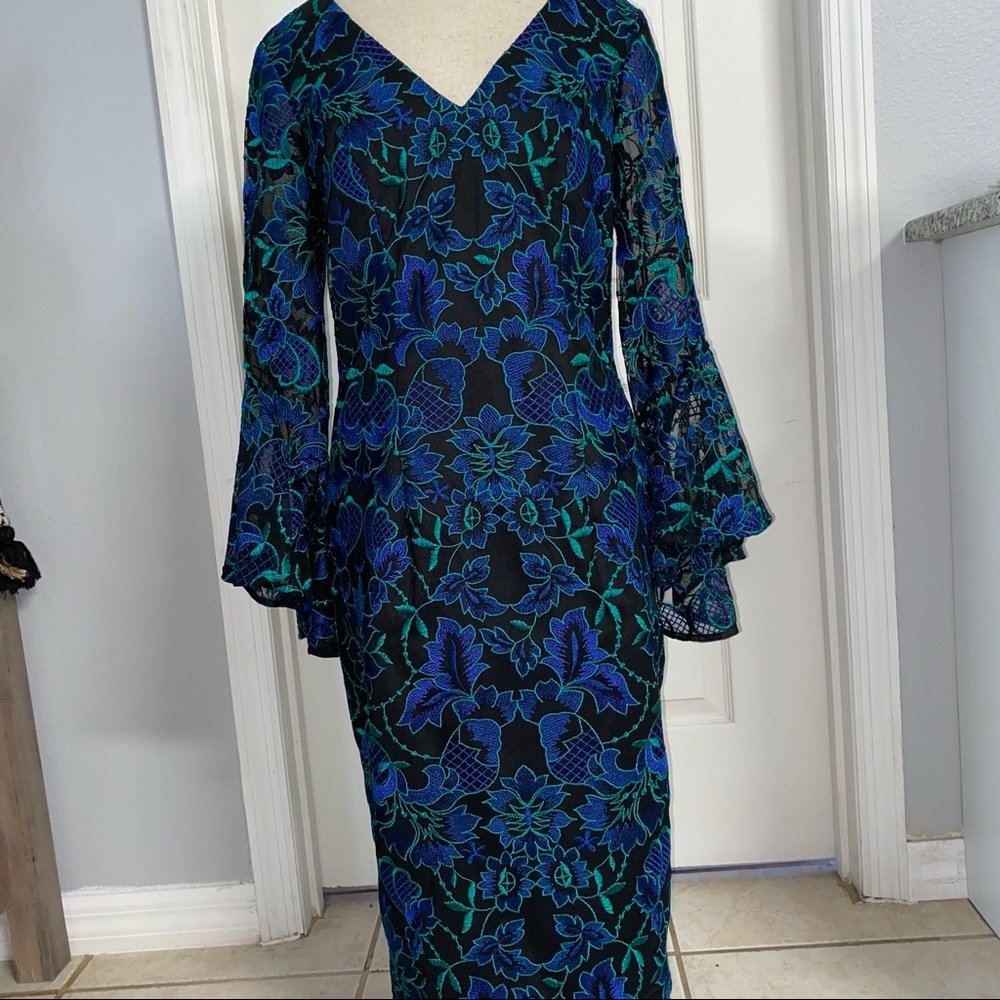 Carmen Marc Valvo Blue and Green Long Sleeve Dress - Picture 3 of 8